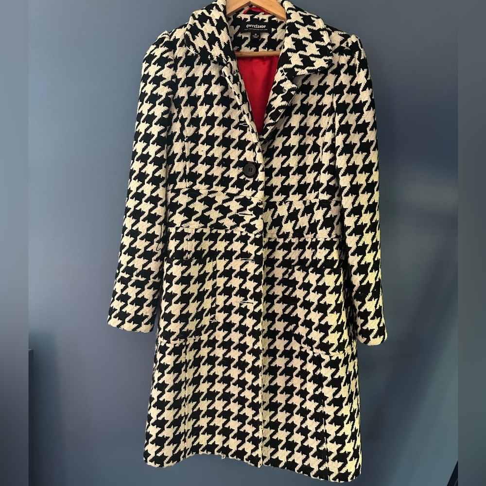 VGUC Size M Long Houndstooth Black & White Wool Single Breasted Pea Coat Jacket